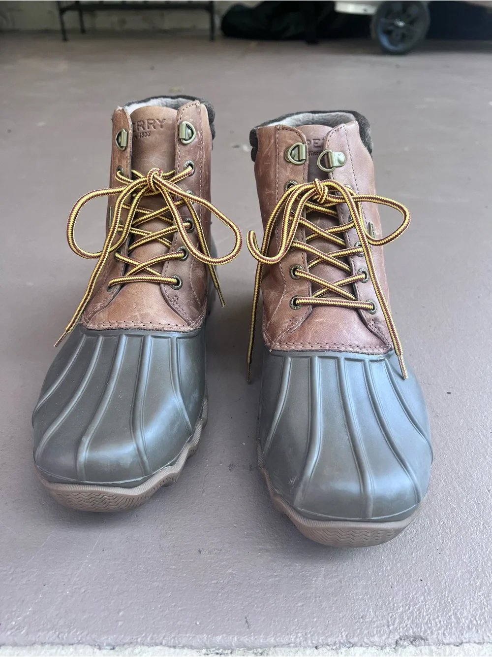 Men’s Sperry Brown Leather and Olive Rubber Duck Boots